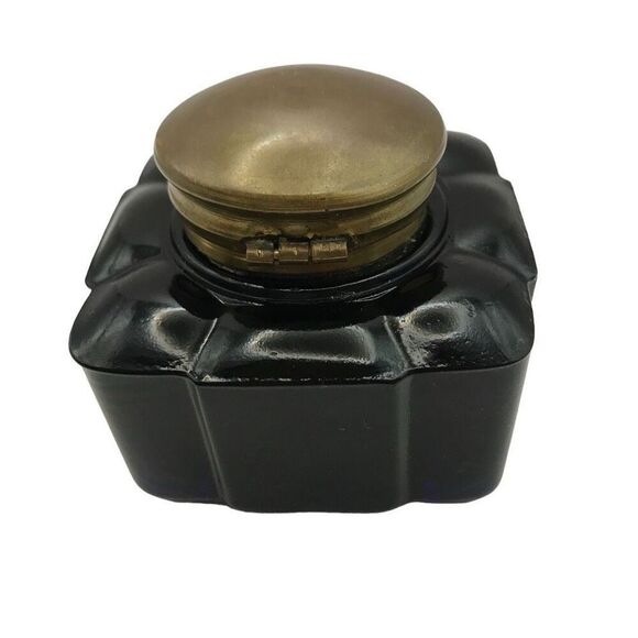 Antique Cobalt Glass Inkwell Square With Brass Hinged Lid - Picture 3 of 12